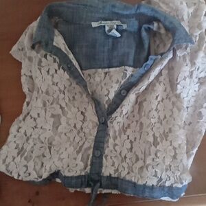 American rag blouse navy and ivory lace